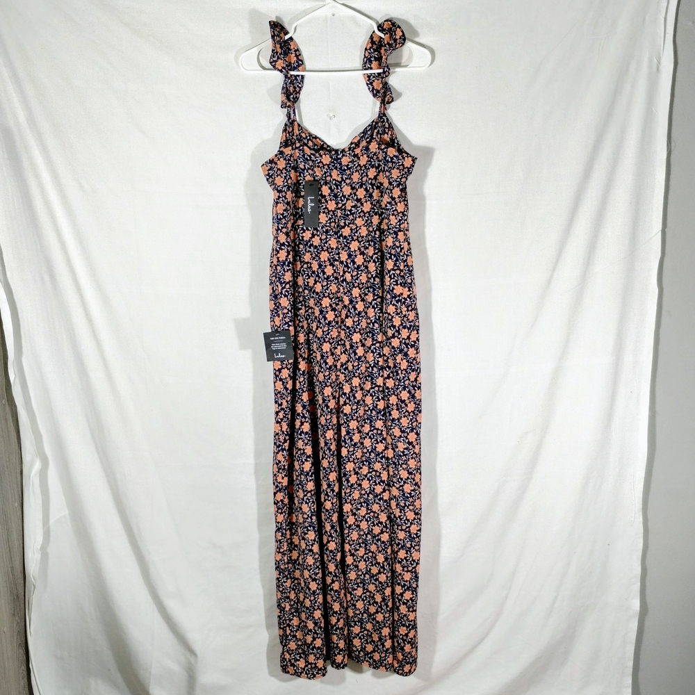 Lulu's Midnight Floral Jumpsuit Large Navy Blue Pumpkin Orange Fall Sun Dress